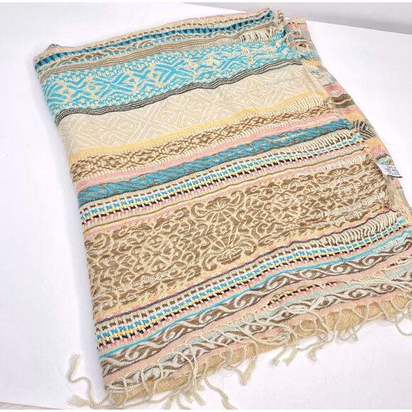 Bohemian Wrap Scarf Woven Striped Fringed Aztec Geometric Beige Blue Pink - Picture 4 of 14